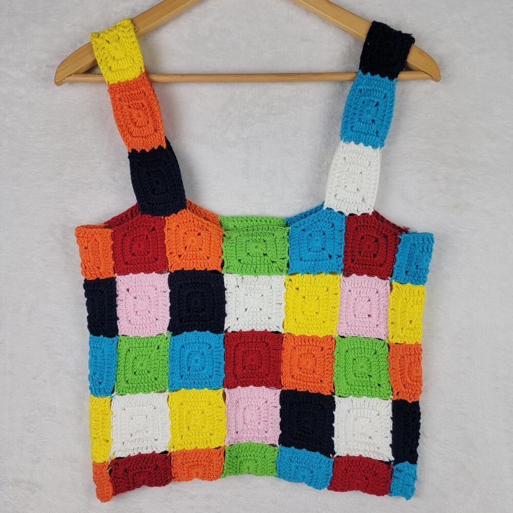Bohemian Large Crop Tank Top Colorful Crochet Patchwork Wide Straps Festival Y2K - Picture 2 of 6